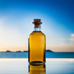 a photo of a glass bottle containing olive oil