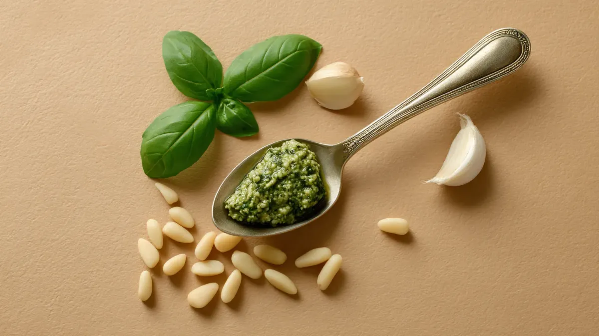 Traditional Ligurian pesto ingredients with basil leaves, garlic, pine nuts, and fresh pesto on a spoon
